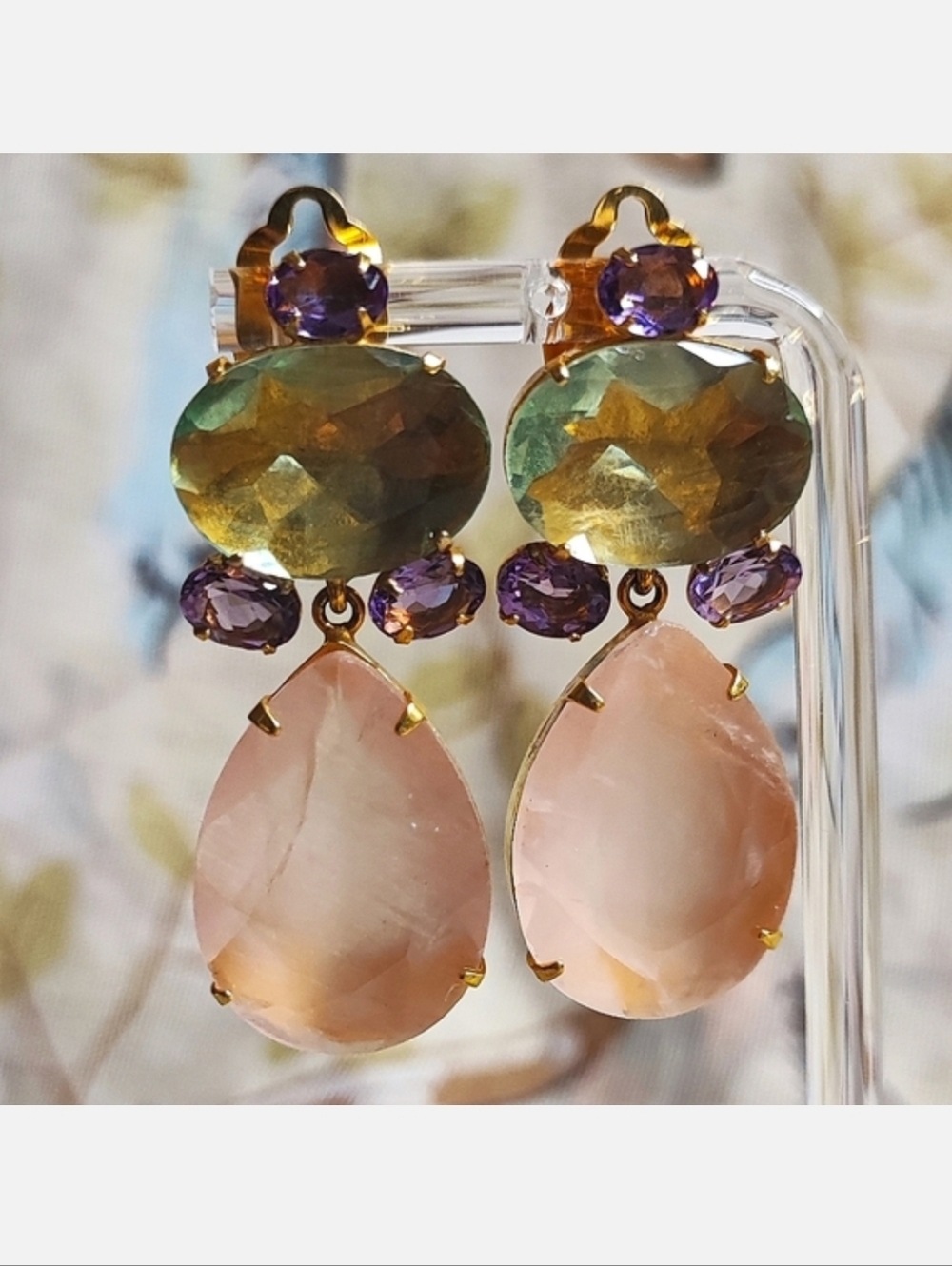 BOUNKIT Gemstone Gold Tone Clip Earrings Prong Set Signed 14kt Plated Luxury